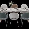 Dining Table Set With Marble Tabletop Colored Chairs Striped Backrests Tableware And Green Plant 3d model