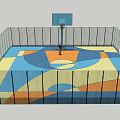 Indoor Basketball Court Interior With Colorful Geometric Floor And Basketball Hoop