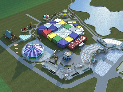 Vibrant Park Landscape With Colorful Geometric Structures Lake Carousel And Green Lawns 3d model