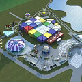 Vibrant Park Landscape With Colorful Geometric Structures Lake Carousel And Green Lawns