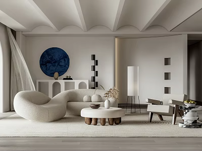 Elegant Living Room With White Curved Sofa Blue Circular Artwork And Wooden Coffee Table 3d model
