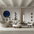 Elegant Living Room With White Curved Sofa Blue Circular Artwork And Wooden Coffee Table