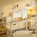 Modern Study Room Interior With Wooden Desk Ergonomic Chair Dual Monitors And Bookshelves
