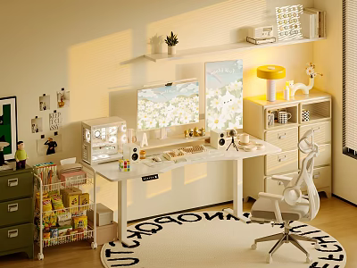 Modern Study Room Interior With Wooden Desk Ergonomic Chair Dual Monitors And Bookshelves 3d model