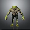 Green Frog With Muscular Body Wearing Black Shorts And Yellow Eyes On Gray Background