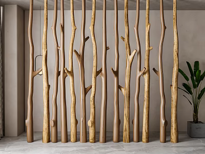Natural Wood Branch Room Divider With Arranged Design For Space Separation 3d model