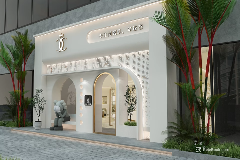 SPA MANA Shopping Mall Storefront With White Arched Doorways Green Plants And Stone Lion 3d model 