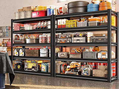 Heavy Duty Garage Workshop Shelving Unit With Tools Paint Cans And Storage Bins 3d model