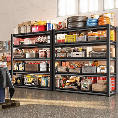 Heavy Duty Garage Workshop Shelving Unit With Tools Paint Cans And Storage Bins 3d model