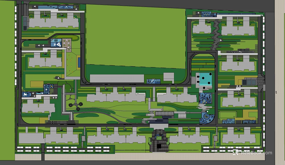 Residential Landscape Design With Green Spaces Water Features And Organized Buildings 3d model 