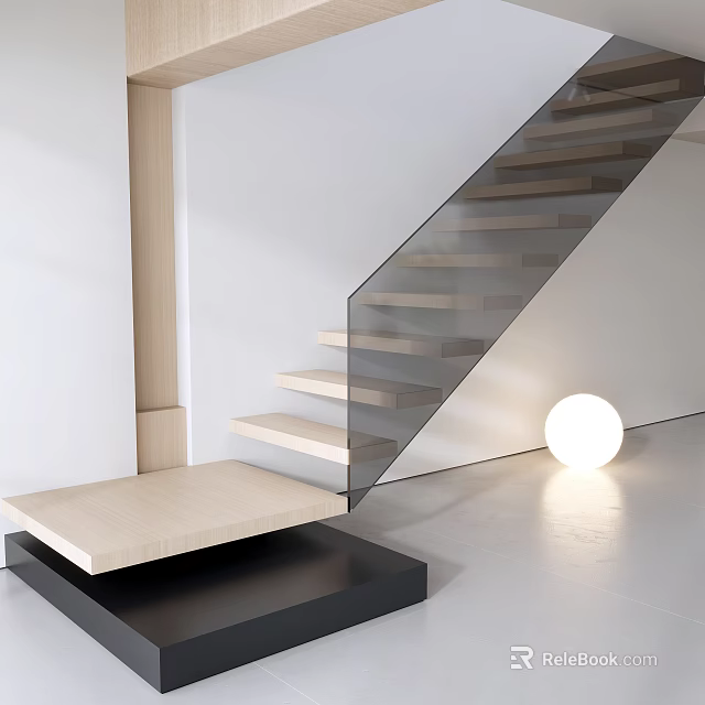 Modern Staircase with Wooden Treads and Glass Railing in White Interior 3d model 