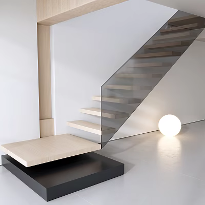 Modern Staircase with Wooden Treads and Glass Railing in White Interior 3d model