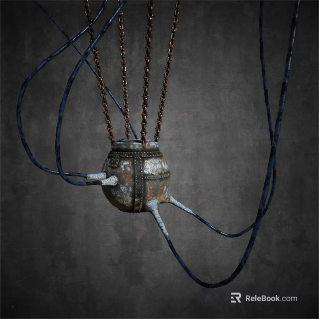 Vintage Metallic Spherical Ornament Set With Hanging Chains And Black Ropes 3d model 