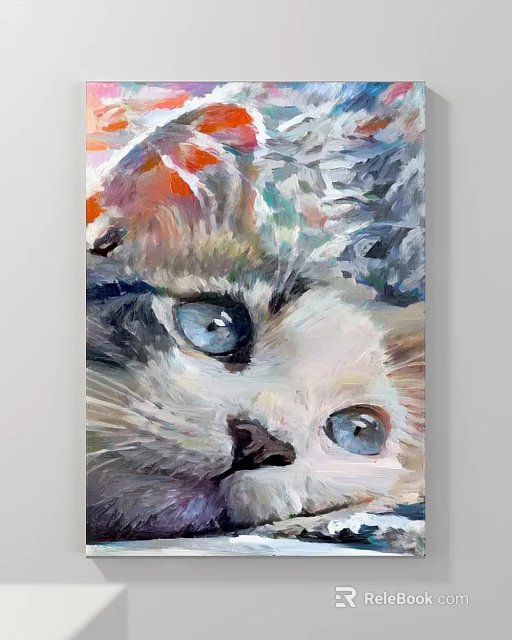 Colorful Animal Oil Painting Of Cat With Blue Eyes And Vivid Brushstrokes 3d model 