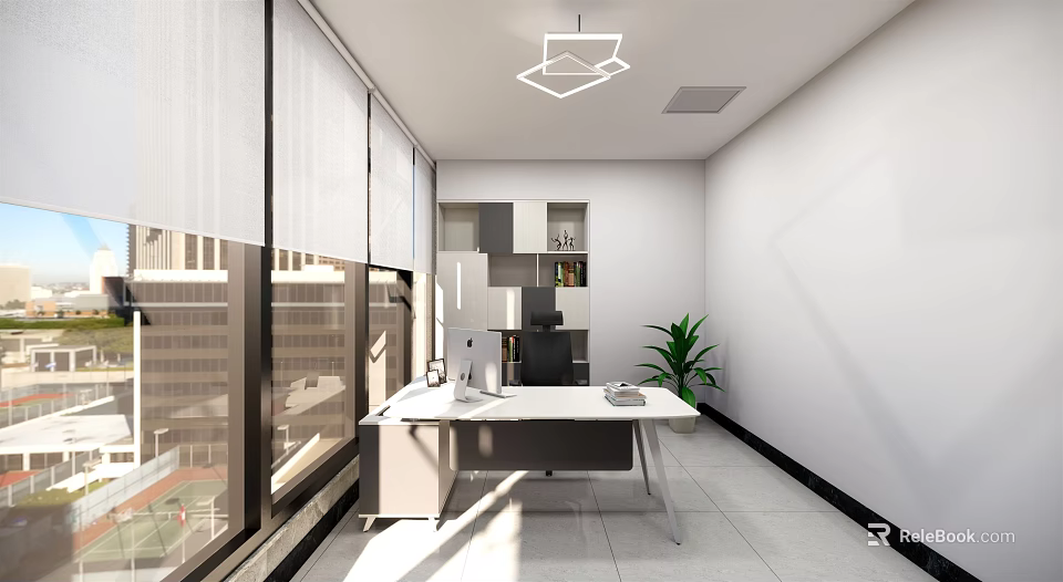Modern Office Interior With Large Windows Blinds White Walls Desk Green Plant And Bookshelf 3d model 