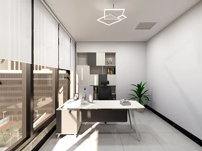 Modern Office Interior With Large Windows Blinds White Walls Desk Green Plant And Bookshelf 3d model