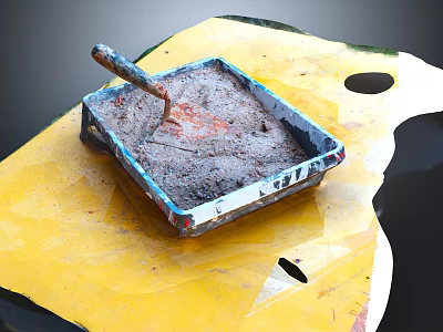 Yellow Tray With Blue Border Square Container Holding Gray Mixture And Wooden Handle Tool 3d model