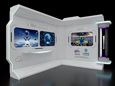 Modern Event Display Wall With Multiple Screens Showcasing Innovation Technology And Event Scenes 3d model