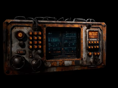 Vintage Rusty Industrial Equipment Control Panel With Buttons Knobs And Data Charts Display Screen 3d model