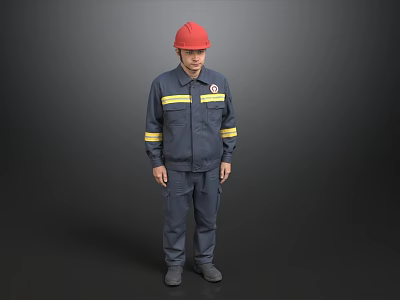 A Man Wearing Red Hard Hat And Blue Work Uniform With Yellow Stripes And Badge 3d model