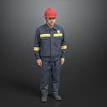 A Man Wearing Red Hard Hat And Blue Work Uniform With Yellow Stripes And Badge