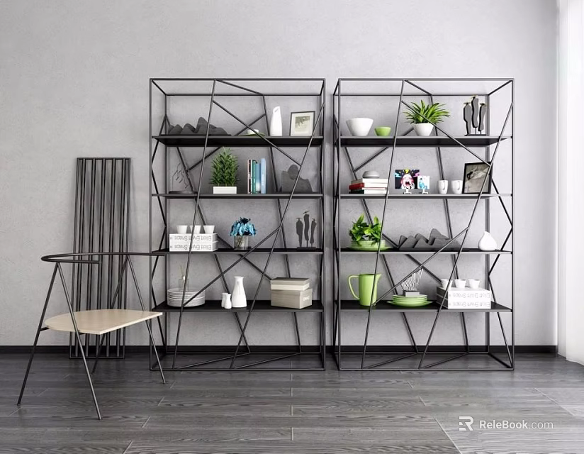 Black Metal Storage Shelving Units With Potted Plants Books And Decorative Items In Modern Interior Space 3d model 