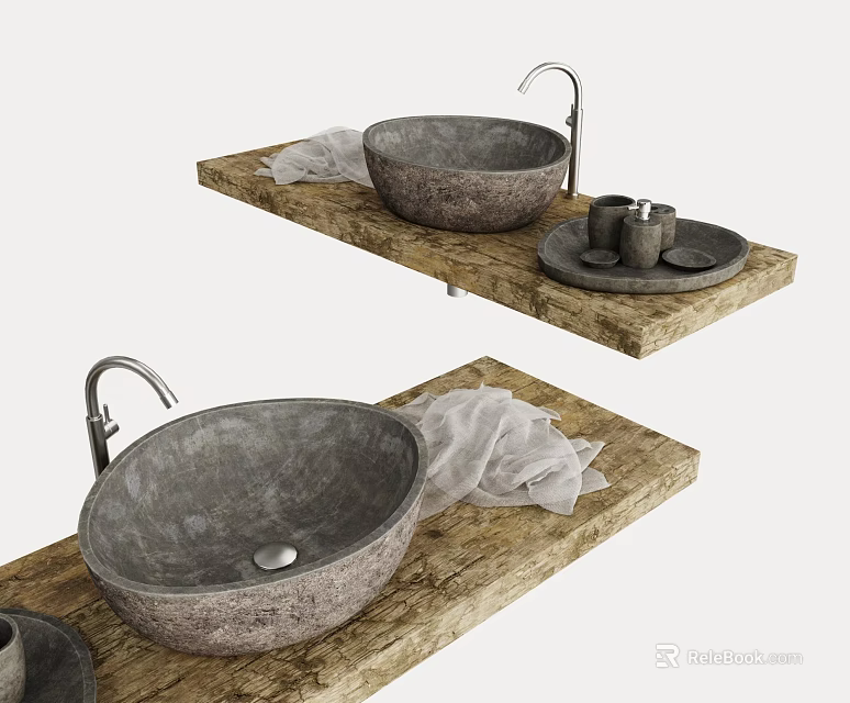 Stone Washbasins on Wooden Countertops with Modern Faucets and Linen Cloth Accessories 3d model 