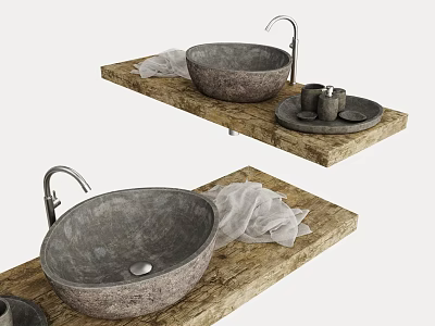 Stone Washbasins on Wooden Countertops with Modern Faucets and Linen Cloth Accessories 3d model
