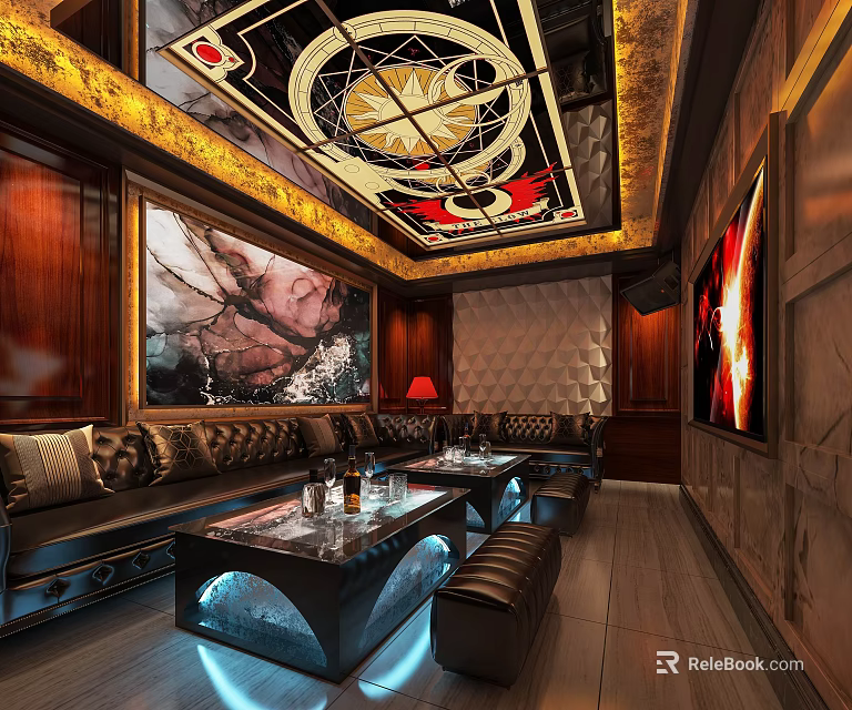 Luxury KTV Room Interior With Leather Sofa Glass Coffee Tables And Elegant Ceiling Decor 3d model 
