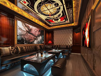 Luxury KTV Room Interior With Leather Sofa Glass Coffee Tables And Elegant Ceiling Decor 3d model