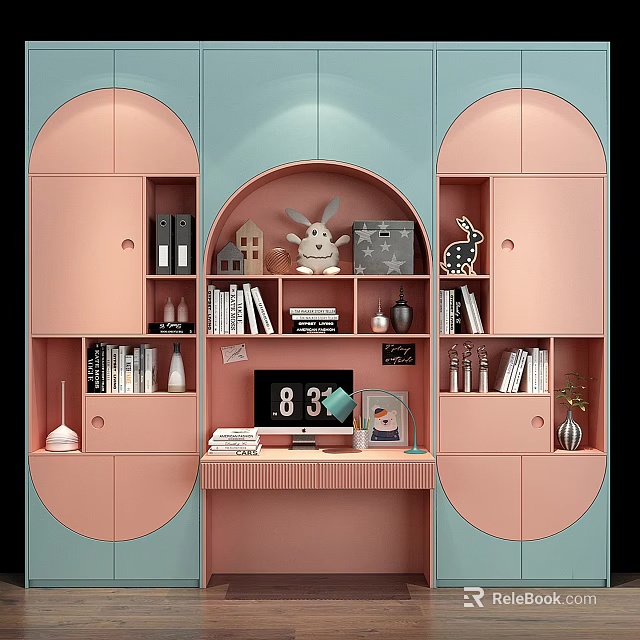 Modern Pink And Light Blue Bookcase With Shelves Decorative Items And Study Desk 3d model 