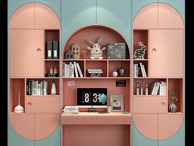 Modern Pink And Light Blue Bookcase With Shelves Decorative Items And Study Desk 3d model
