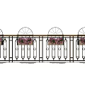 Ornate Metal Fence With Wooden Top Decorative Wheel Design And Hanging Pink Flower Pots