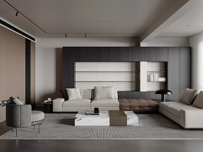 Modern Living Room Interior With Sofa Coffee Table Rug Wall Unit And Neutral Tones Lighting 3d model