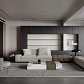 Modern Living Room Interior With Sofa Coffee Table Rug Wall Unit And Neutral Tones Lighting