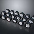 Multiple Car Tires With Silver Alloy Rims Displayed On Black Background 3d model