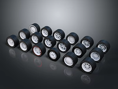 Multiple Car Tires With Silver Alloy Rims Displayed On Black Background 3d model