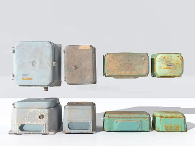 Vintage Old Fashioned Metal Electrical Boxes In Various Colors And Rustic Finishes 3d model