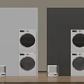 White And Black Stacked Washing Machines With Modern Cabinet Design