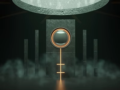 Cartoon Scene Featuring Circular Mirror Glowing Key And Pillars With Mist In Dark Background 3d model