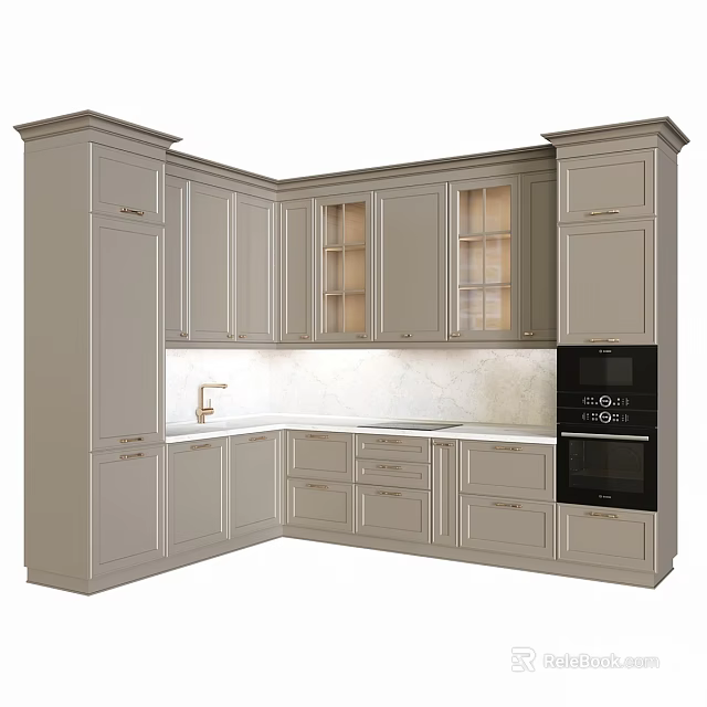Elegant Modern Kitchen Design With Light Gray Cabinets And Black Oven 3d model 
