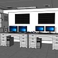 Monitoring Room Interior With Control Desks Multiple Computer Monitors And Storage Cabinets