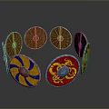 Multiple Colorful Wooden Shields With Metal Edges Sun Dragon Patterns