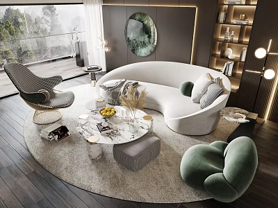 Modern White Curved Sofa And Marble Coffee Table Set With Green Armchairs In Living Room 3d model