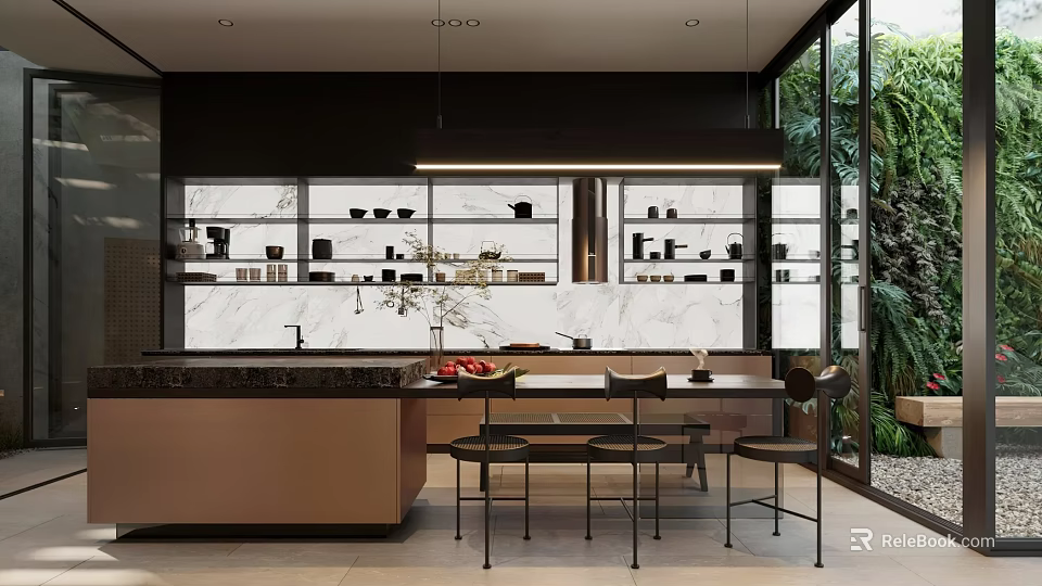 Modern Dining Space In Kitchen With Island And Greenery 3d model