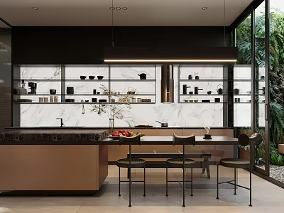 Modern Dining Space In Kitchen With Island And Greenery 3d model