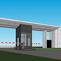 Modern Entrance Gate with Metal Canopy Glass Door Black Column Lawn and Red Railings