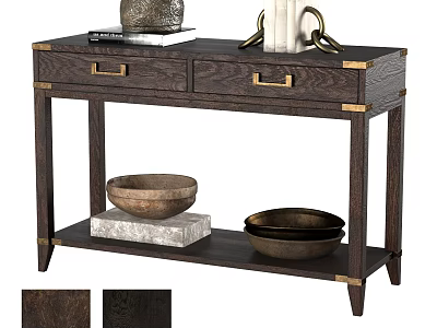 Dark Wood Functional Console Table With Brass Accents Drawers And Decorative Bowls 3d model