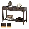 Dark Wood Functional Console Table With Brass Accents Drawers And Decorative Bowls