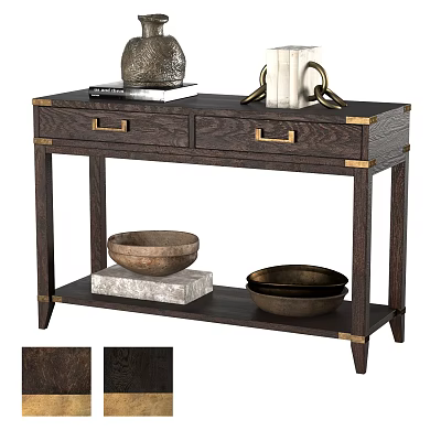 Dark Wood Functional Console Table With Brass Accents Drawers And Decorative Bowls 3d model